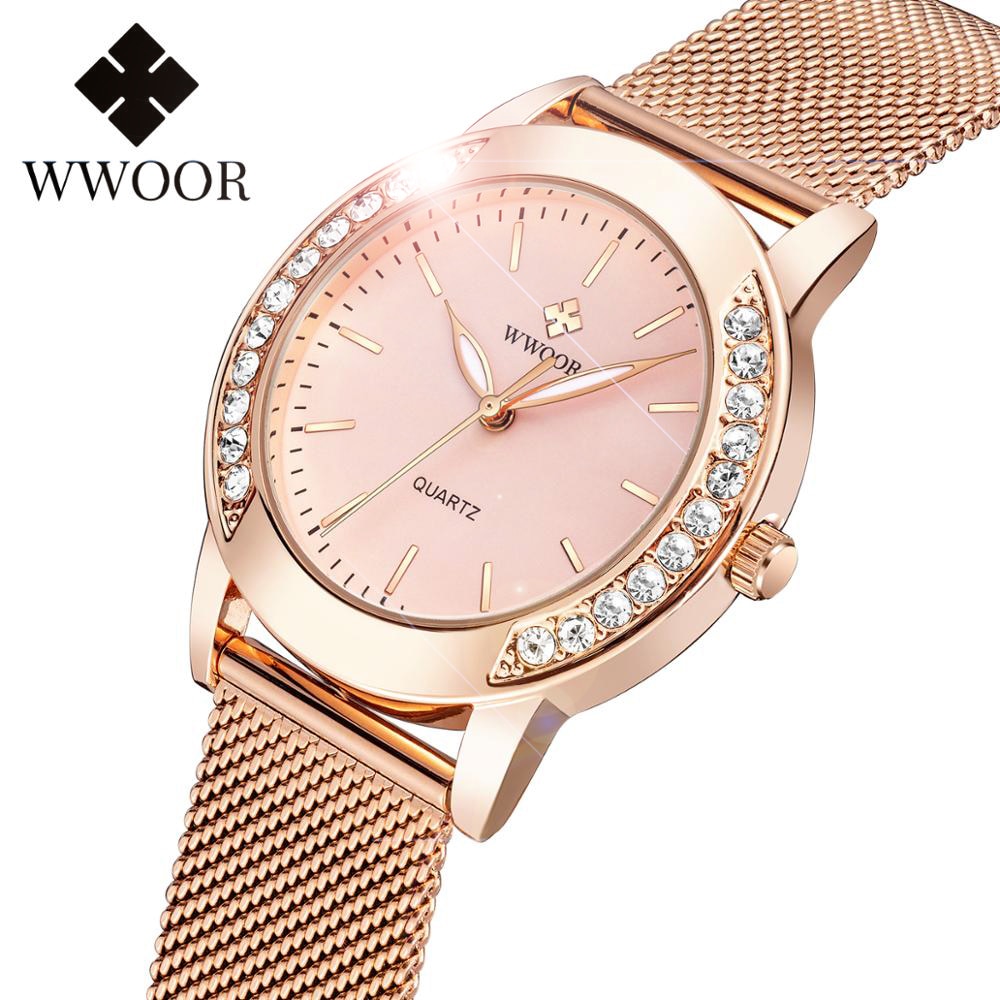 WWOOR Luxury Diamond Ladies Watches 2022 Top Brand Fashion Women Quartz Wrist Watch Rose Gold Mesh Band Bracelet Watch For Women